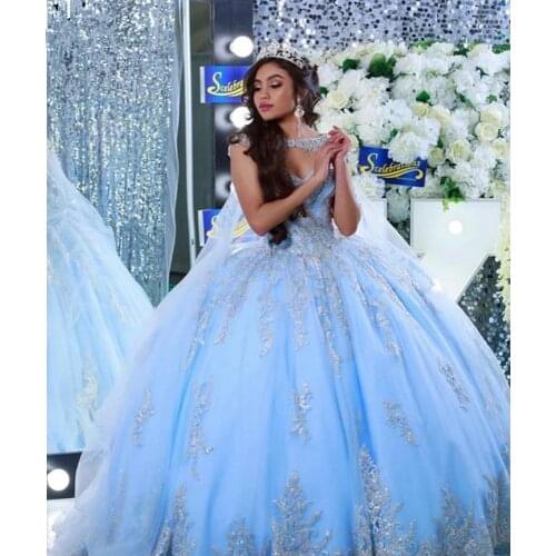 Princess Sky Blue Quinceanera Dresses With Cape Gold Lace Appliqued Vestidos De Quinceañera Sweetheart Sweet 16 Dress