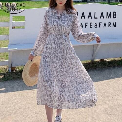 Print Long Sleeve Spring Women Long Summer Dress Casual O-Neck Chiffon A LIne Dress Vintage Party Midi Dress Vestidos 13199