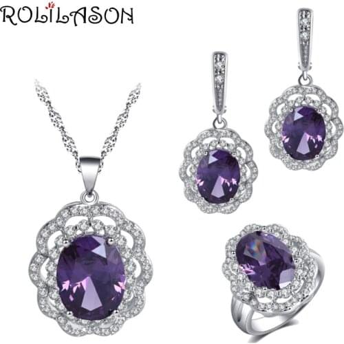 ROLILASON New Fashion Wedding Jewelry purple Zircon Round Flower Design Silver Earrings Necklace Ring jewelry Set JS779