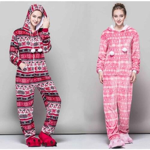 Christmas Pajamas Couple New Winter Flannel Cartoon Animal One-Piece Pajamas Super Thick Home Service Snowflake Red Bird Slim