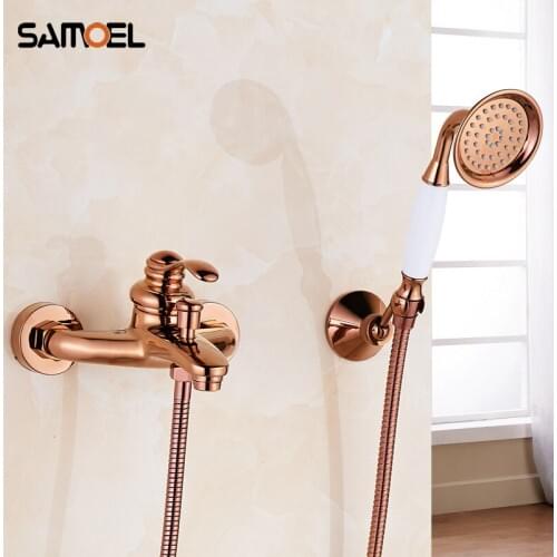 Cold and Hot Bathtub Faucet With Hand Held Shower Head Brass Gold Rose Golden Plate Bathroom Shower Faucet Set Mixer Tap SF1034