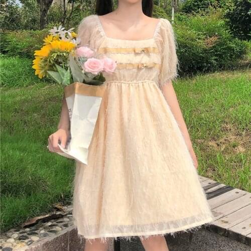 Womens Summer Japanese-Style Sweet off-Shoulder Square Collar Short Sleeve High Waist Slimming Tassel Splicing Lolita Dress