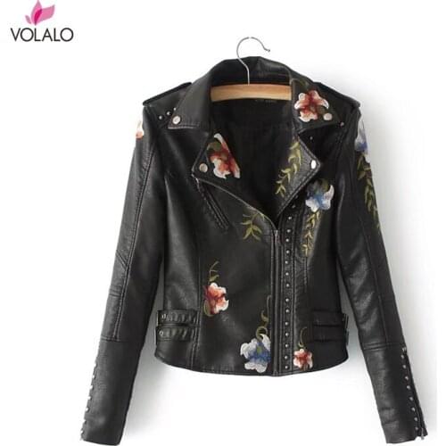 Embroidery Faux Leather PU Jacket Women Spring Autumn Fashion Motorcycle Jacket Black Faux Leather Coats Outerwear 2020 Coat HOT
