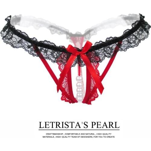 Women Sexy Opening Crotch Panties Ladies Lace Briefs Pearl Lace Bow Underwear Woman G-String Female Briefs womens underpants
