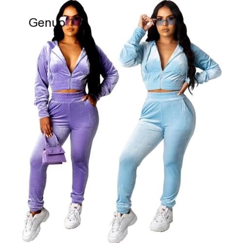 Famale Autum Velvet Suit Long Sleeve Cropped Jacket Trousers Casual Women Purple Blue Loose Sporty Set Velour 2Ps Matchig Set