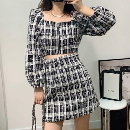 Autumn Korean Vintage Plaid Two Piece Set Women Zipper Crop Top + Bodycon Mini Skirt Set Fashion 2 Piece Outfits For Women Suits