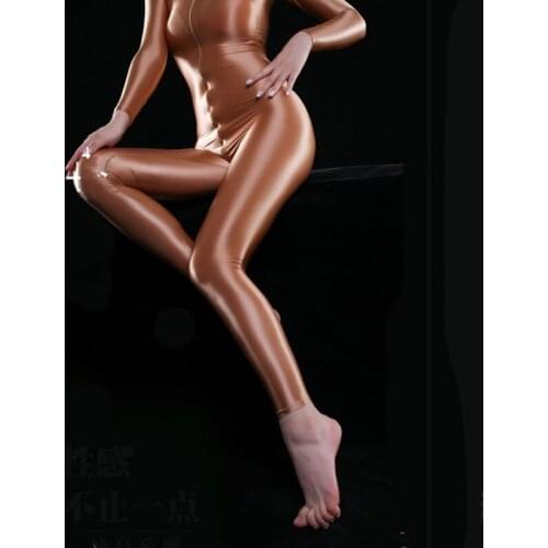 Wetlook Oil Shiny Bodystocking Sexy Long Sleeve Bodysuit Women Bodycon Jumpsuit Turtleneck Body Shaping Overall Tights Catsuit