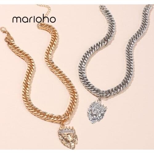 Marioho Fashion Exaggerated Hip-hop Short Crystal Lion Head Pendant Necklace Ins Thick Chain Clavicle Chain Necklace