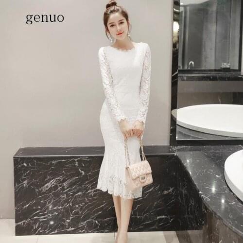 2020 Spring Women Dresses White O-Neck Long Sleeves Bandage Bodycon Dress Sexy Party Socialite Lace Mermaid Dress Vestidos