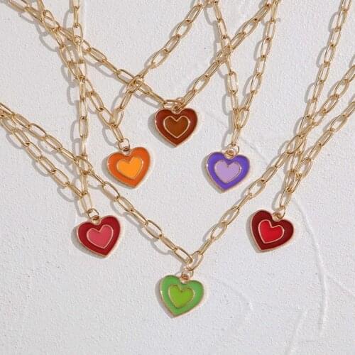 2021 Trendy Colorful Double Heart Pendant Necklace For Women Punk Dripping Oil Smile Face Charms Chunky Chain Necklace Jewelry