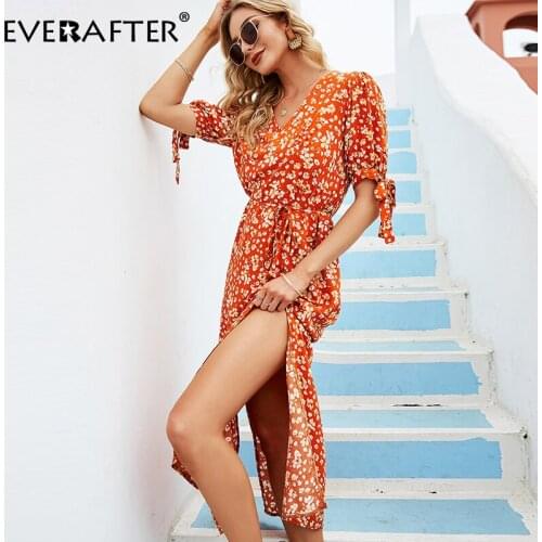EVERAFTER Casual Floral Print Women Maxi Dress Summer High Waist V-neck Lace-up Beach Vestidos Holiday Style Split Female Dress