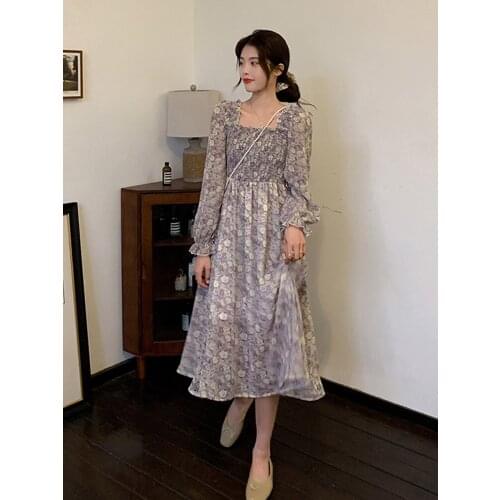 Dresses for Women Floral Chiffon Dress Female Spring and Autumn New Style French Retro Gentle Wind Fairy Long Skirt