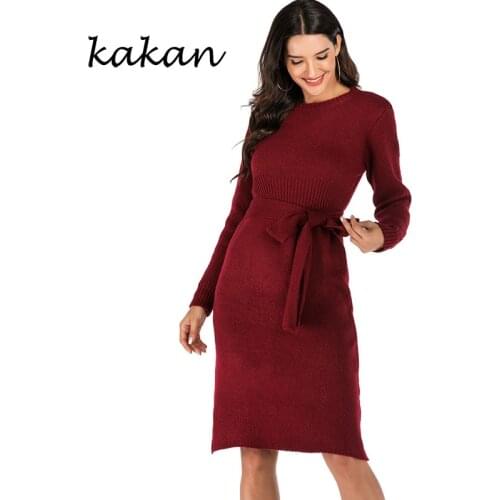 Kakan round neck new slim solid color knitted sweater dress 2019 autumn and winter womens belt bow sweater dress