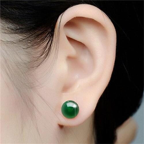 2021 Round Natural Green Chalcedony Earring Female Copper Plated Red Black Green Stud Stone Crystal Vintage Jewelry Wedding