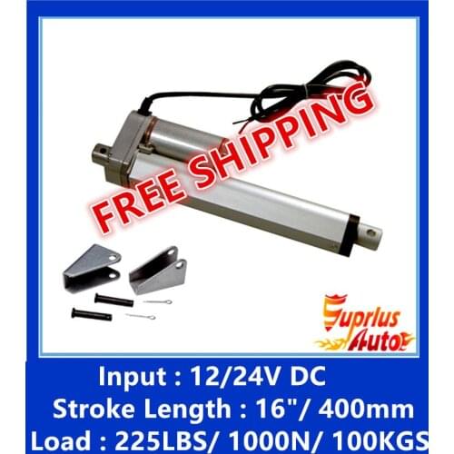 FREE SHIPPING !load linear actuators with mounting brackets,Input 12/24V DC,Stroke Length 16"/ 400mm,Load Capacity 225LBS/ 1000N