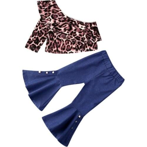 Kids Baby Girl Clothes Leopard Off-Shoulder Tops+Flared Denim Pants Outfits 1-6Y
