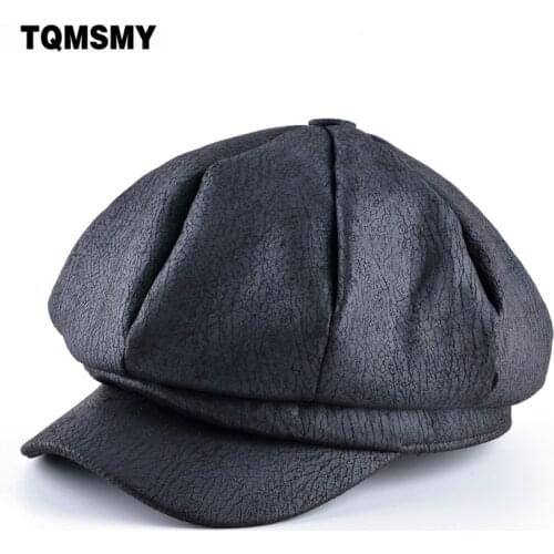 TQMSMY Solid color Faux Leather newsboy cap men autumn Octagonal hat Unisex Retro Casquette Casual beret hats for women bone