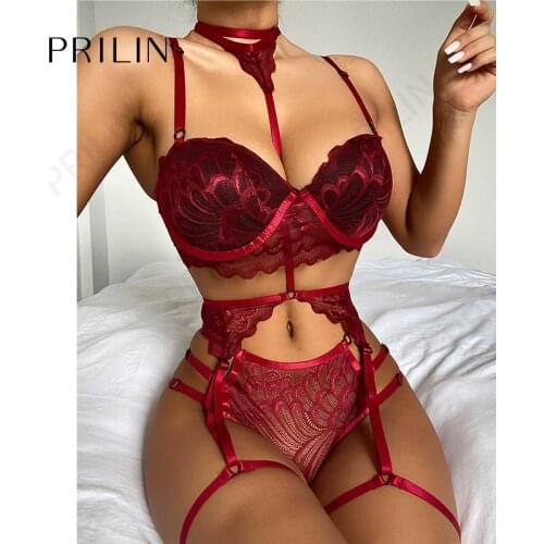 Women Sexy Sensual Lingerie Sets with Garter Belt Embroidery Push Up Bras G-string Panties Temptation Erotic Costumes Underwear