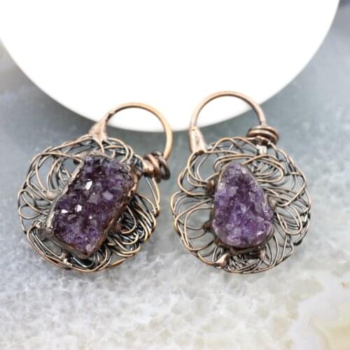 Brass Wire Wrapped Natural Amethyst Druzy Geode Pendants,Reiki Energy Quartz Antique Brass Style Birds Nest Necklace DIY Jewelry