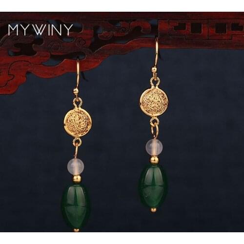 MYWINY copper nature stones vintage earrings, fashion ethnic jewelry green