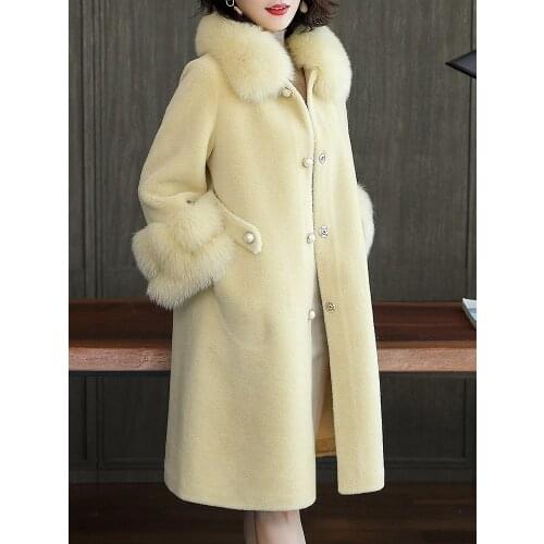 Real Fur Coat Female Sheep Shearling Jacket Winter Coat Women Fox Fur Collar 300% Wool Coat Korean Long Jackets MY4554