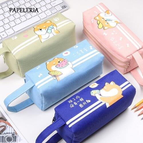 Kawaii Dog Double Zipper Large Capacity Pencil Case Bags Stationary Pouch Pen Box for Boys Girls PencilCase School Office Supply