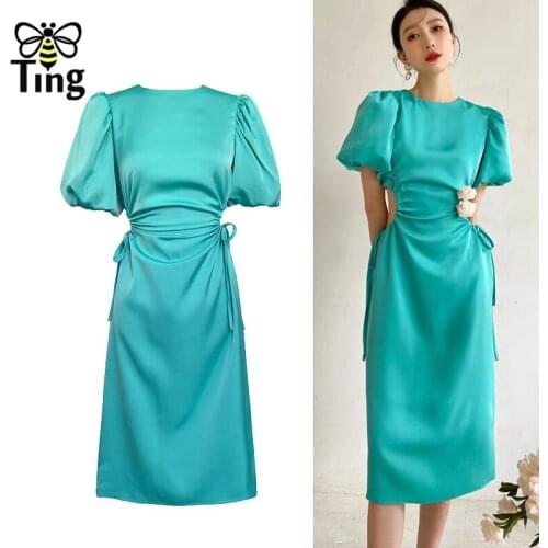 Tingfly Vintage Sexy Clubwear Retro Puff Sleeve Summer Drawstring Waist Cut Out Party Dresses Satin Solid Zevitu Dress Robes Za