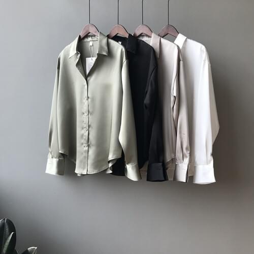2020 new autumn fashion button satin silk shirt vintage shirt female white black blue women long sleeve women loose Street shirt