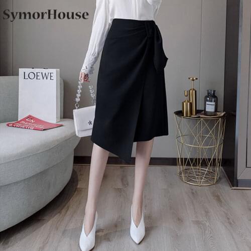 Women Irregular Skirt Button Chic OL Split Work Wear Midi Skirts Solid Black Fashion Office Lady Blue Skirt Vintage Casual
