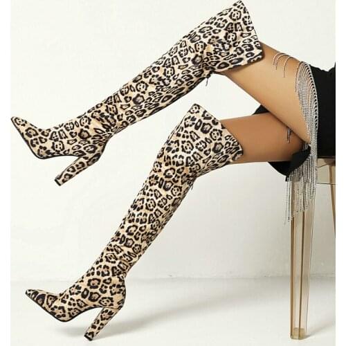 2021 Winter Women Over the Knee Boots Fashion Snake Print Leopard Ladies Thigh Boots Pointed Toe Square High Heel Womens Shoes