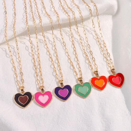 Flatfoosie Trendy Y2K Double Layer Heart Pendant Necklace for Women Colorful Dripping Oil Heart Metal Choker Necklace Jewelry