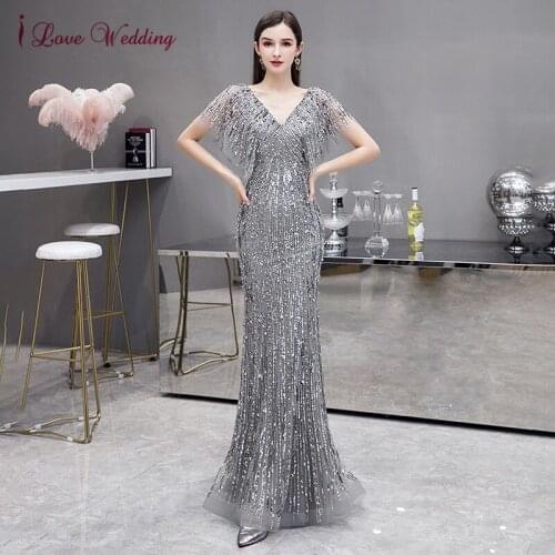 2021 Sequins Beads Mermaid Evening Dress Long Fashion Sexy V Neck Short Sleeves Open Back Silver Gray Formal Gown robe de soiree