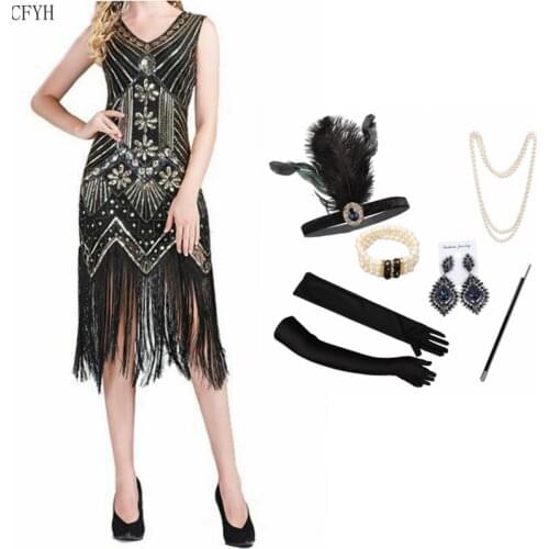 Plus Size 4XL Great Gatsby Party Dress Women 1920s Dress Sexy V-Neck Embroidery Fringe Sequin Beaded Tassels Hem Flapper Dress