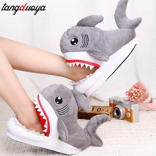 Winter furry slippers ladies shark slippers cute cartoon animal slippers warm indoor slippers men women couple shoes slippers