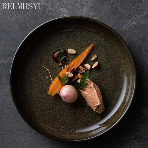 1PC RELMHSYU EuropeanStyle Retro Ceramic Round Western Steak Dessert Flat Breakfast Dinner Plates Dishes Restaurant Tableware