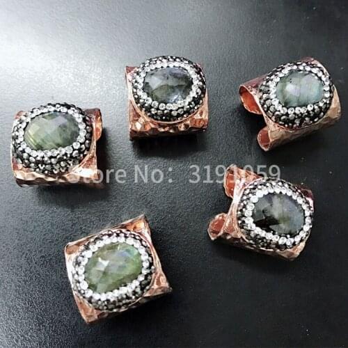 24K crystal ring fashion retro pink long stone opening adjustable ring