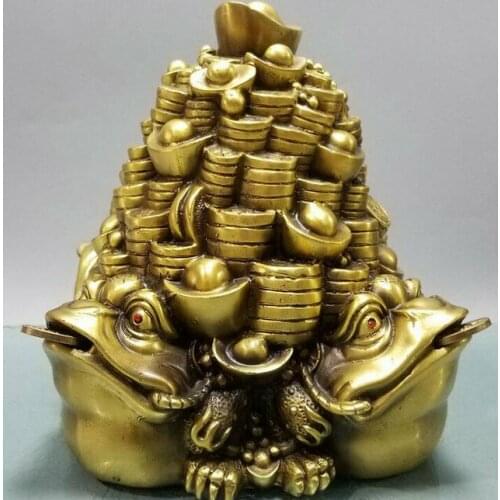 8"China Pure Bronze Fengshui WealTH 4 Side Toad Cicada Animal Statue