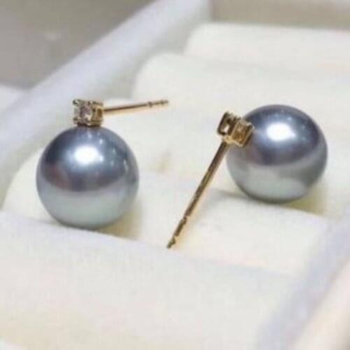 Free shipping>>>>noble jewelry gorgeous AAA9-10mm round south sea grey pearl earring 18k