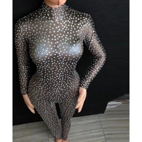 Full Rhinestone Jumpsuit womens black sexy Nightclub Prom Party Jumpsuits Singer Dance Stage rave festival Costume high quality
