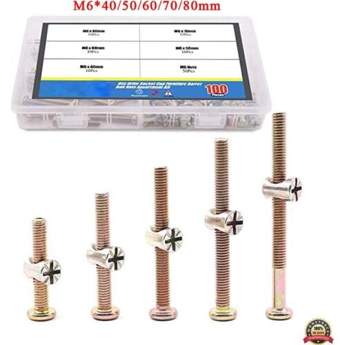 100Pcs Zinc Plated M6 Hex Socket Head Cap Screws Bolts Furniture Crib Bolts with M Barrel Nuts Assortment Kit 40 50 60 70 80 mm