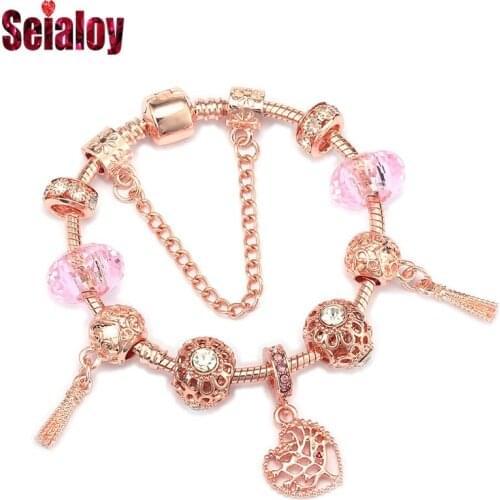 Seialoy New Rose Gold Tree Of Life Heart Charm Bracelets For Women Original Pink Glass Beads Dangle Beacelet & Bangle Gift