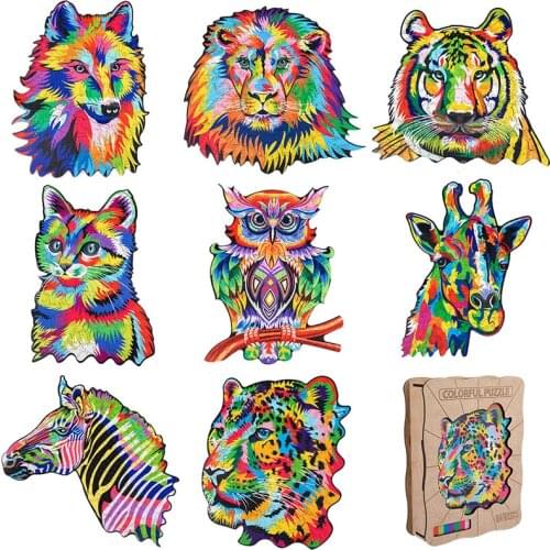 Wooden alien animal puzzle colorful lion tiger wolf aesthetics irregular owl animal educational puzzle toy