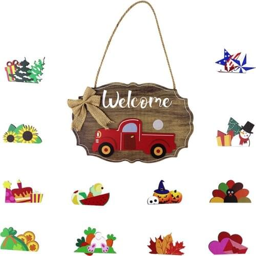 Wooden Welcome Door Sign Hanging Gift with Replaceable Seasonal Gnome Welcome Card DIY Door Sign Home Wall Garden Decoration