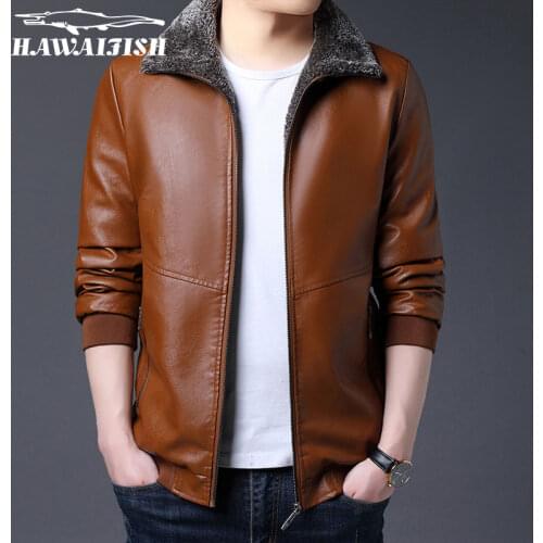 Hawaifish brand mens leather jacket fur collar mens fashion thickened Plush coat high quality Casual Windbreaker jaqueta couro