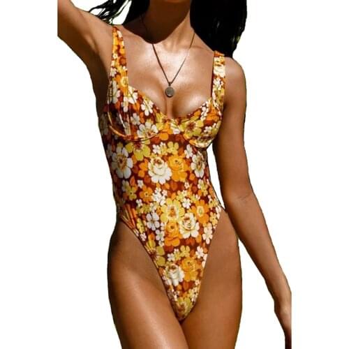 Hirigin Women Summer Swimsuit Floral/Sun Print Widen Straps Low-Cut Sleeveless Backless Padded Jumpsuit Swimwear for Ladies