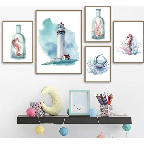 Nordic Style Canvas Prints Beacon Marine Animals Painting Home Decor Wall Art Modular Pictures Watercolor Poster For Kids Room