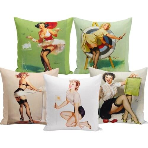 Oil Patinting Sexy Lady Pinup Girl Poster Print Cushion Cover Modern Home Decorative Lint Pillow case Vintage Car Pillowslip