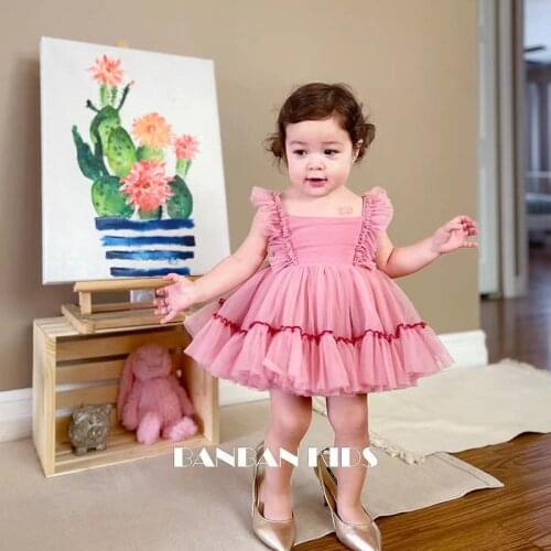 2PCS Summer Casual Tutu Ball Gown Dress Sleeveless Lace Voile Vest Dress For Baby Girls Ballerina Dress Birthday Party 0-6Y