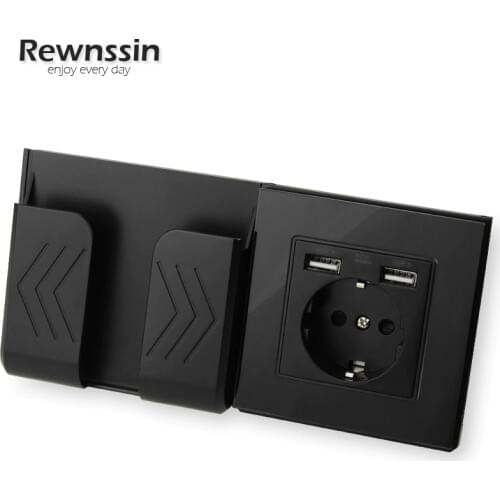 EU/French Power Wall Socket Mobile Phone Charging Socket With Dual USB Charging Ports Black Crystal Glass Panel