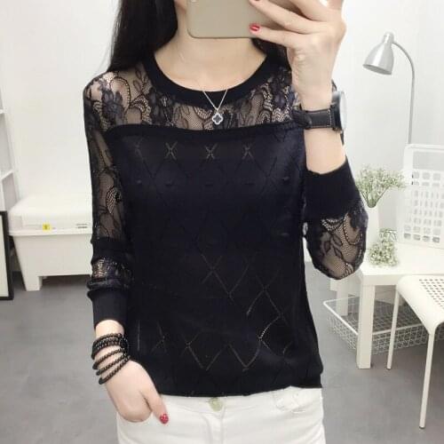 2020 Autumn Women Pullovers Sweater Lace Splice Sexy Long Sleeve Ladies Knitted Thin Pull Femme Tops casual Black Winter clothes